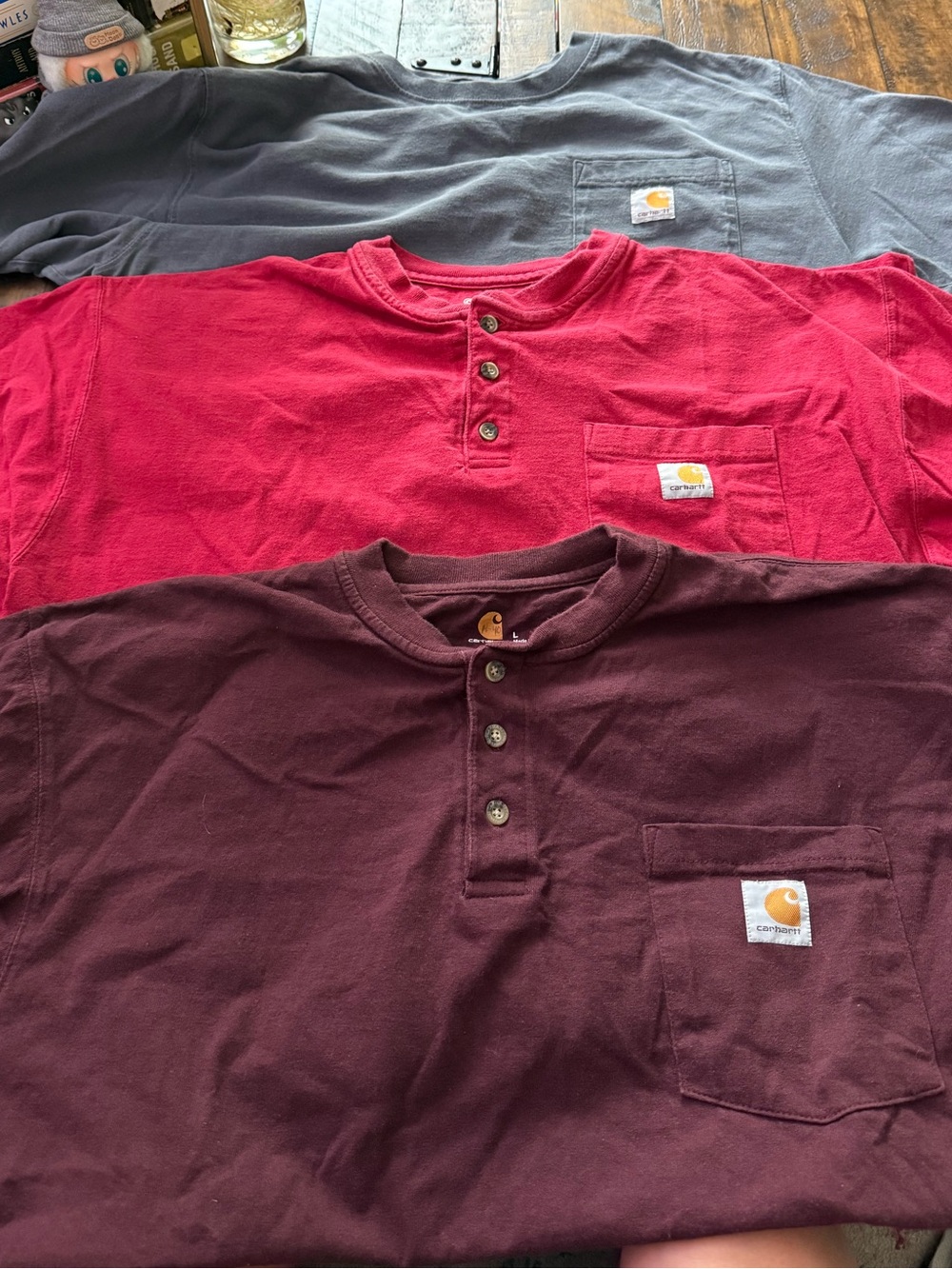 Set of 3 Sz L Carhartt Men’s ShortSleeve Pocket Tees — Burgundy, Red, and Gray